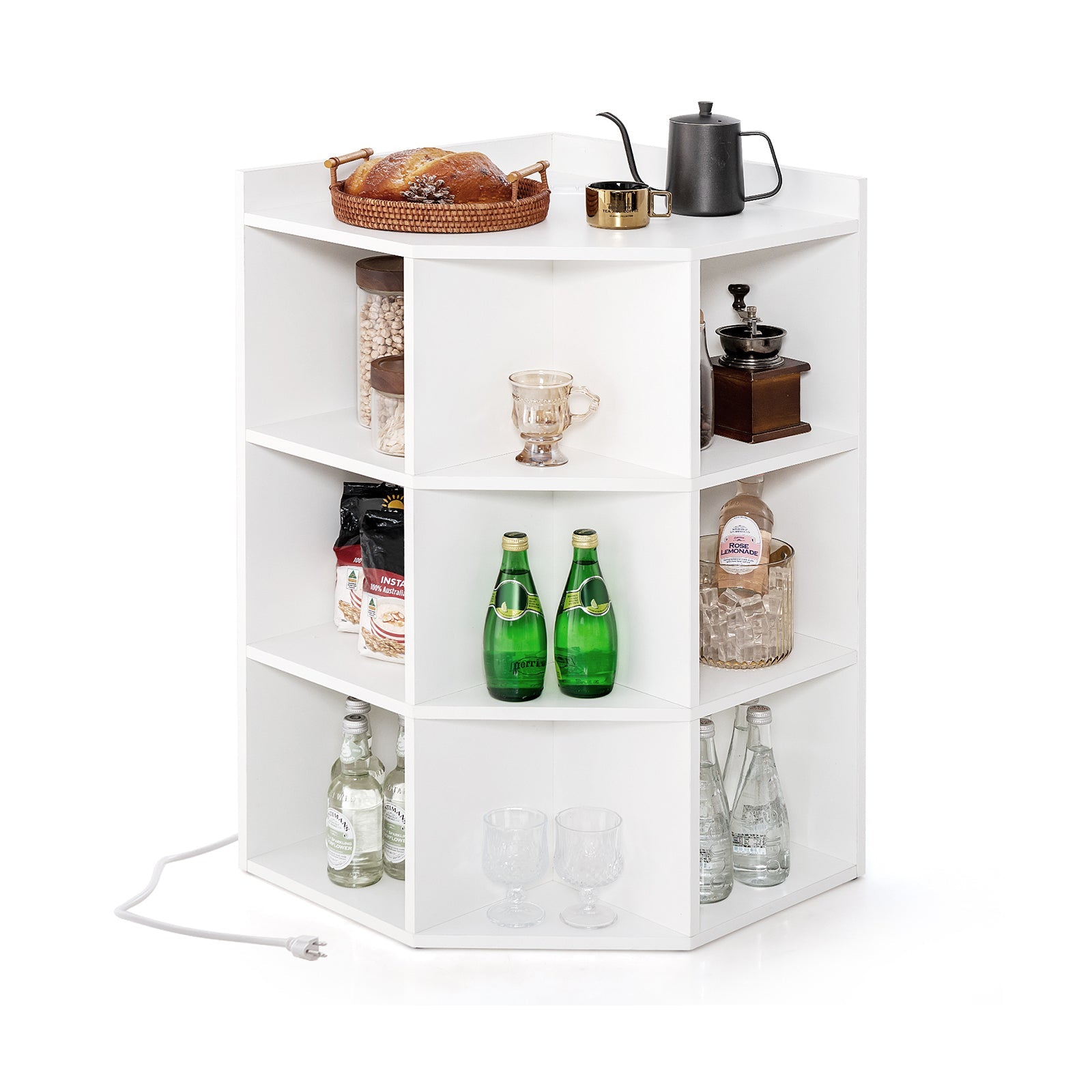 3-Tier Corner Cabinet with Charging Station for Bedroom-White