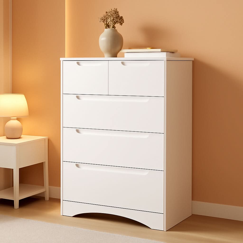 White Five Drawer Dresser With Premium StorageSpace