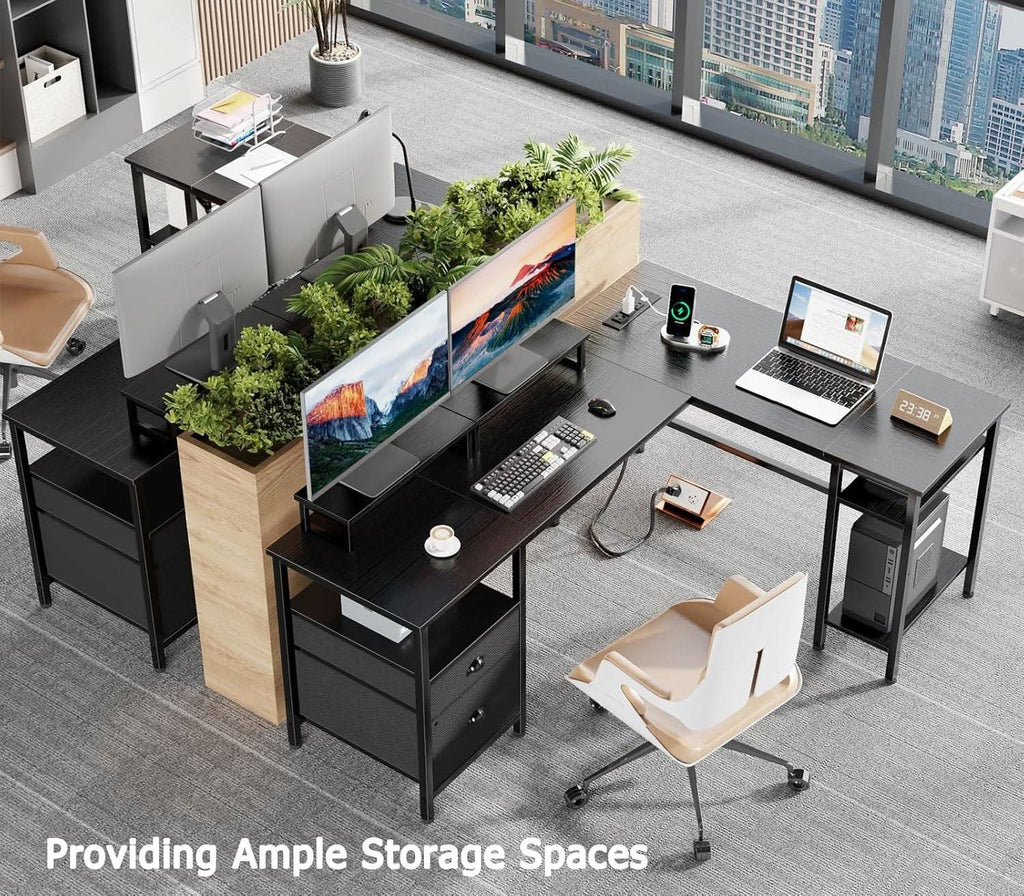 Fifty Nine Inch L Shaped Desk With Black Storage Drawers Unit
