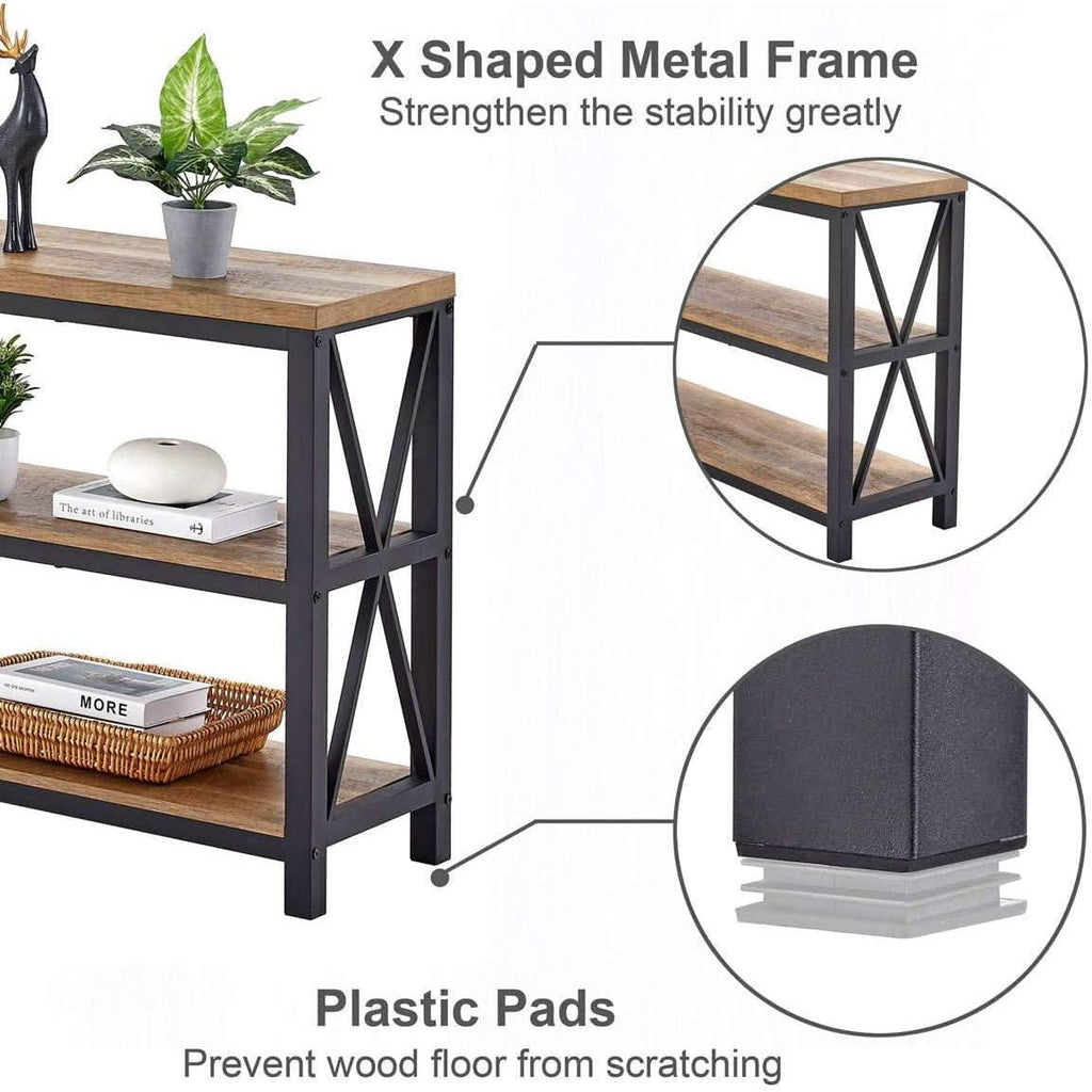 Rustic Wood Console Table With Three Shelves Metal Frame