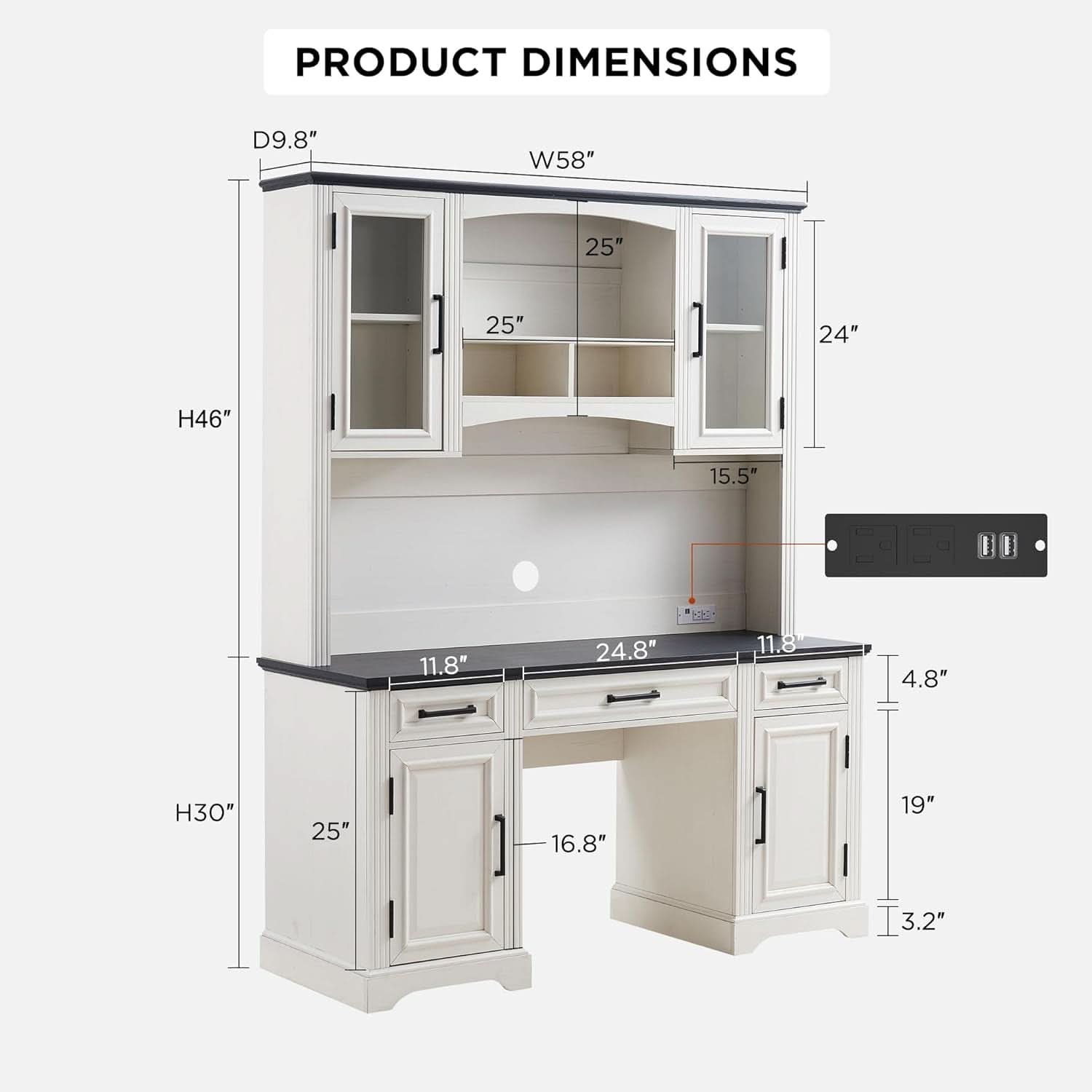Farmhouse 76 Inch White Industrial Grade Desk Hutch