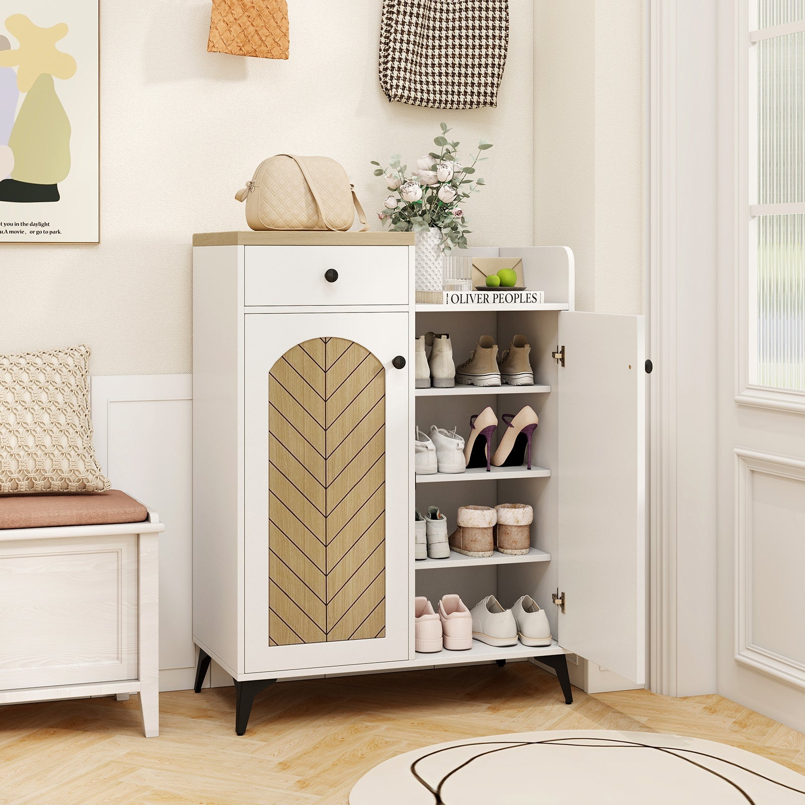 2-Door Shoe Rack Organizer with Drawer and 6 Removable Shelves-White